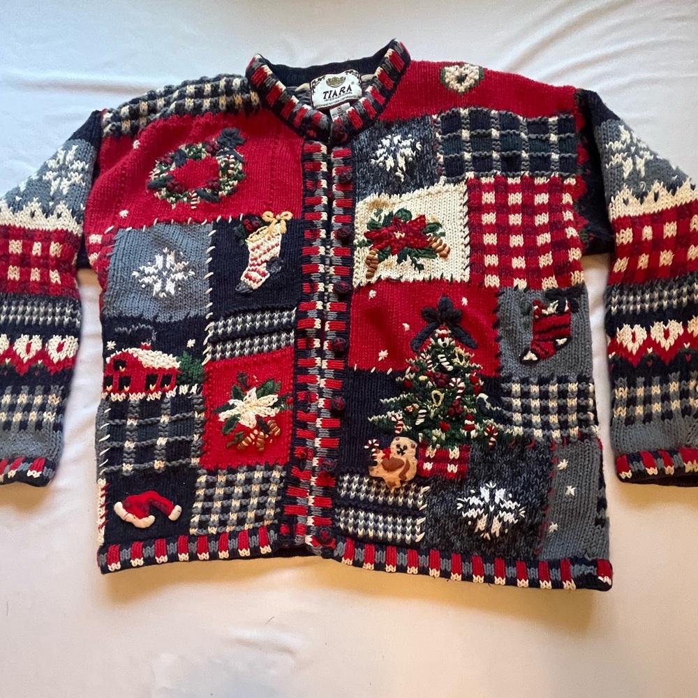Tiara Red Navy Gray Patchwork Holiday Cardigan Sweater